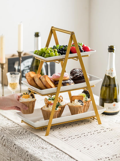 YHOSSEUN 3 Tier Serving Tray Tiered Tray Stand, Ceramic Serving Platters and Trays with Metal Rack, 10+12+14 Inch Large Serving Trays for Party 3 Tier Serving Stand Dessert Display Set, Black
