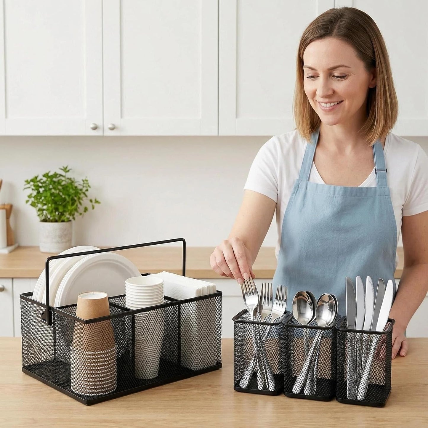 Neudeco Utensil Holder Set of 3, Black | Silverware Caddy, Portable Cutlery Storage & Paper Plate Organizer, Metal Mesh, Adjustable Dividers