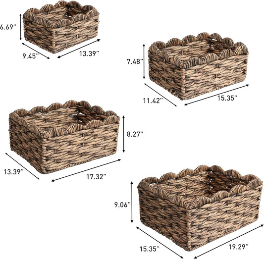Eyely KSB2021B-4SET Anne Rustic Cottage Handwoven Water Hyancinth Scalloped Edge Nesting Storage Baskets, Seagrass Containers for Decoration in Living Room, Bedroom, Brown (Set of 4)