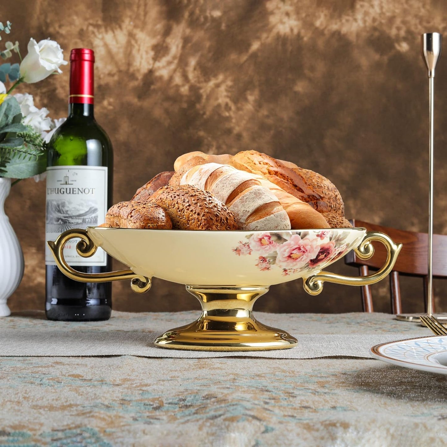 fanquare 3 Compartment Platter, Gold Porcelain Appetizer Serving Tray, Floral Ceramic Divided Serving Plate for Fruit, Candy, Nuts