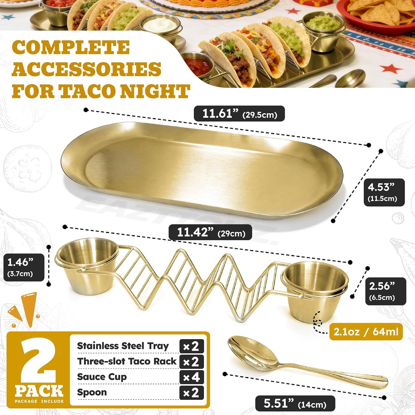 Stainless Steel Taco Holder Tray Set of 2, Taco Rack Holds 3 Tacos Each with Serving Tray, Sauce Cups & Spoon, Oven & Dishwasher Safe for Taco Night & Parties (Gold-2 Pack)
