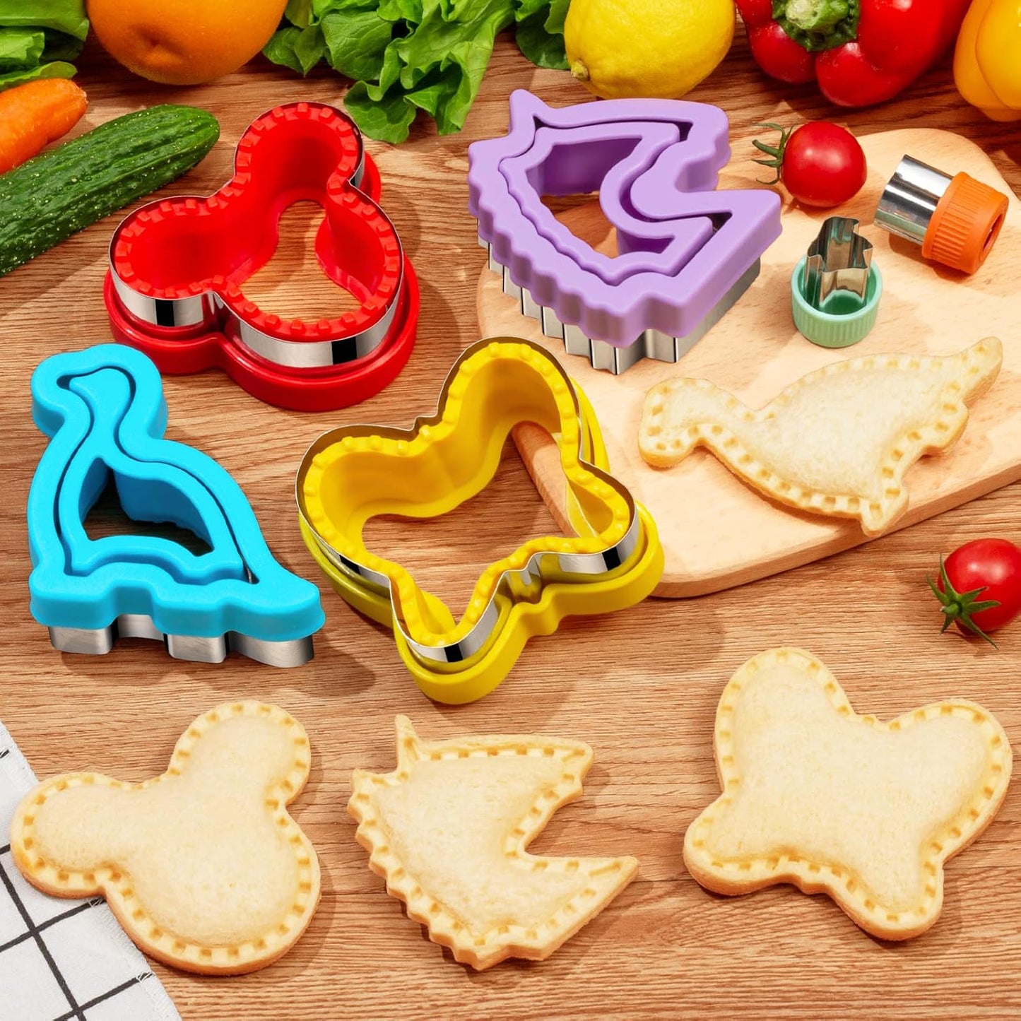 20Pcs Sandwich Cutter and Sealer Set for Kids, Decruster Maker Holiday Heart Cookie Cutters Fruit Vegetable Shapes Boys & Girls Bento Lunch Box with Mickey Mouse Dinosaur Star, etc