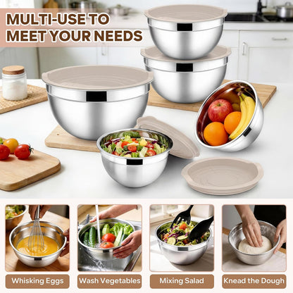 E-far Mixing Bowls With Lids Sets of 5, 10-Piece Stainless Steel Salad Metal Nesting Bowl for Baking Cooking and Prepping, Airtight Lid & Stackable Design, Size 4.6, 3, 2.1, 1.5, 0.7 QT, Black