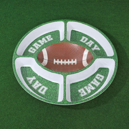 UP Football-Themed Melamine 5-Section Snack Platter, Round Divided Game Day Serving Tray with Green Field Design, for Chips and Dip, Sweets, and Appetizers, 15 Inch