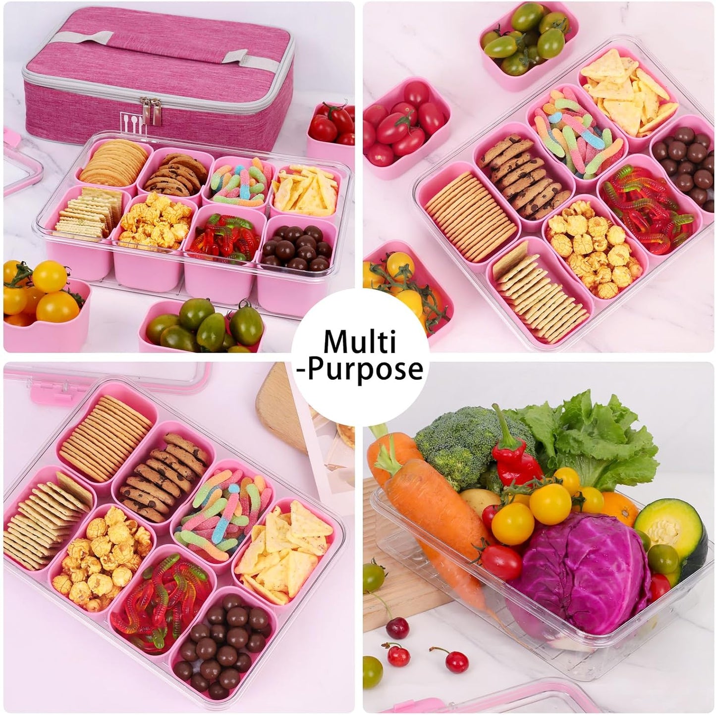 Snack Box Container with Insulated Cooler Bag, Divided Serving Tray with Lid and Handle Beach Essentials, Snackle Box Veggie Fruit Tray with 8 Compartments & 8 Forks & 2 Spoon