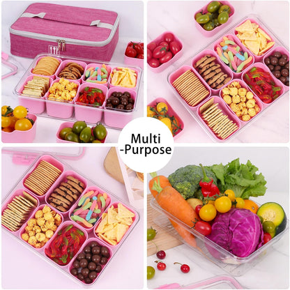 Snack Box Container with Insulated Cooler Bag, Divided Serving Tray with Lid and Handle Beach Essentials, Snackle Box Veggie Fruit Tray with 8 Compartments & 8 Forks & 2 Spoon