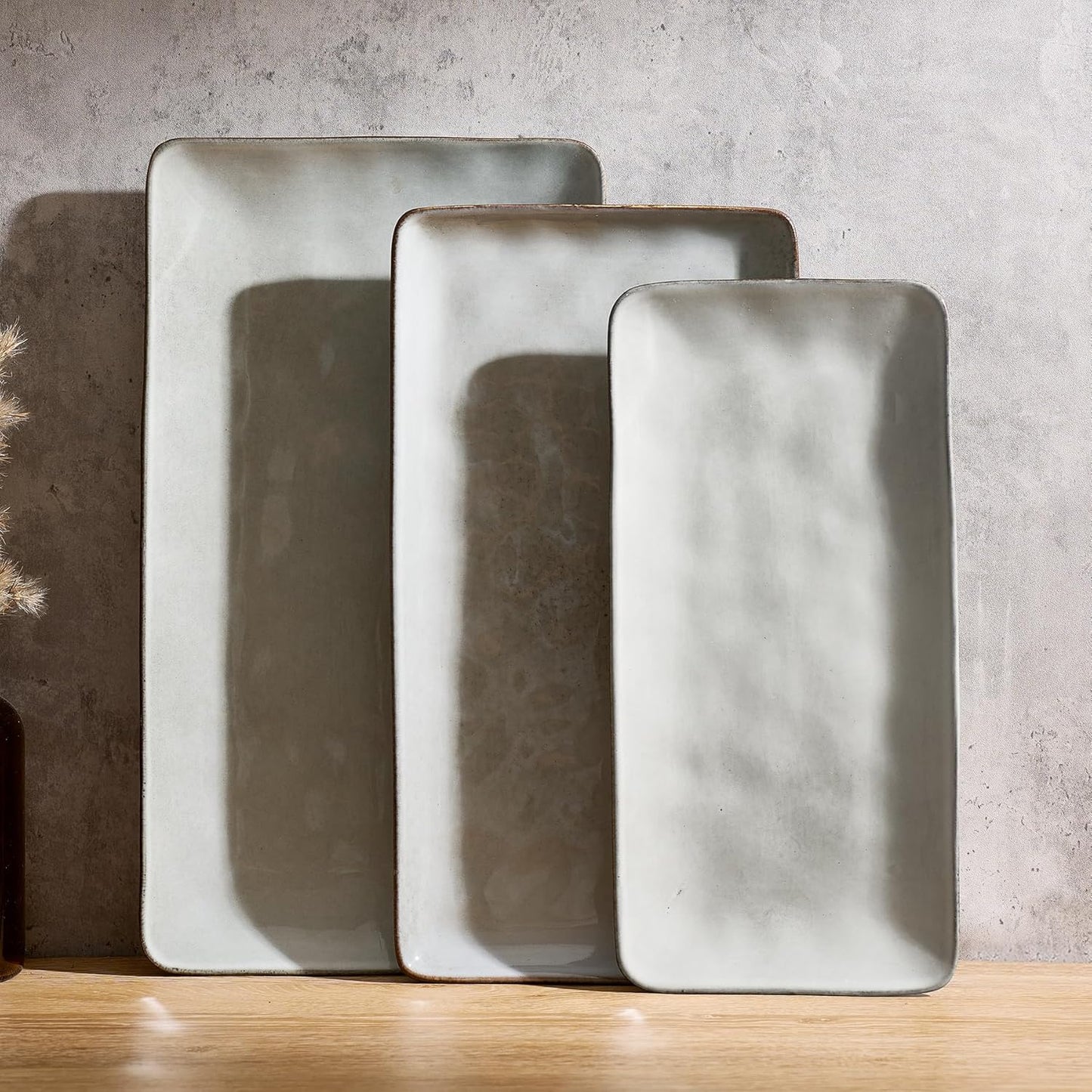 Famiware Serving Platter, Rectangular 15.67/14.1/12.6inch Serving Dishes for Entertaining, Microwave Dishwasher Safe, Stoneware Serving Trays for Party, Turkey, Cheese, Ocean Series, Cappuccino White
