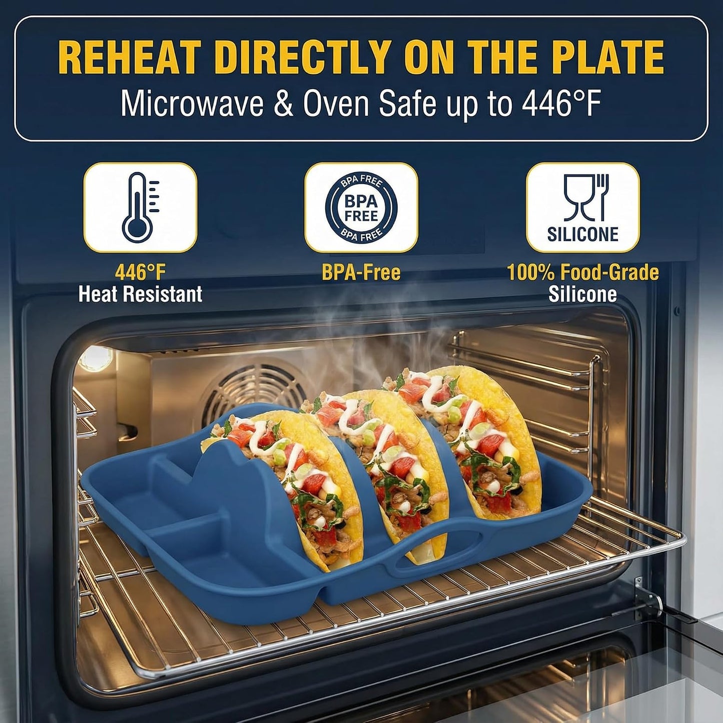 Classic White & Navy Silicone Taco Holder Set of 2, with Dip Bowls & Dividers, Elegant Non-Slip Serving Plates for Hard/Soft Tacos, Dishwasher & Microwave Safe Party Essential