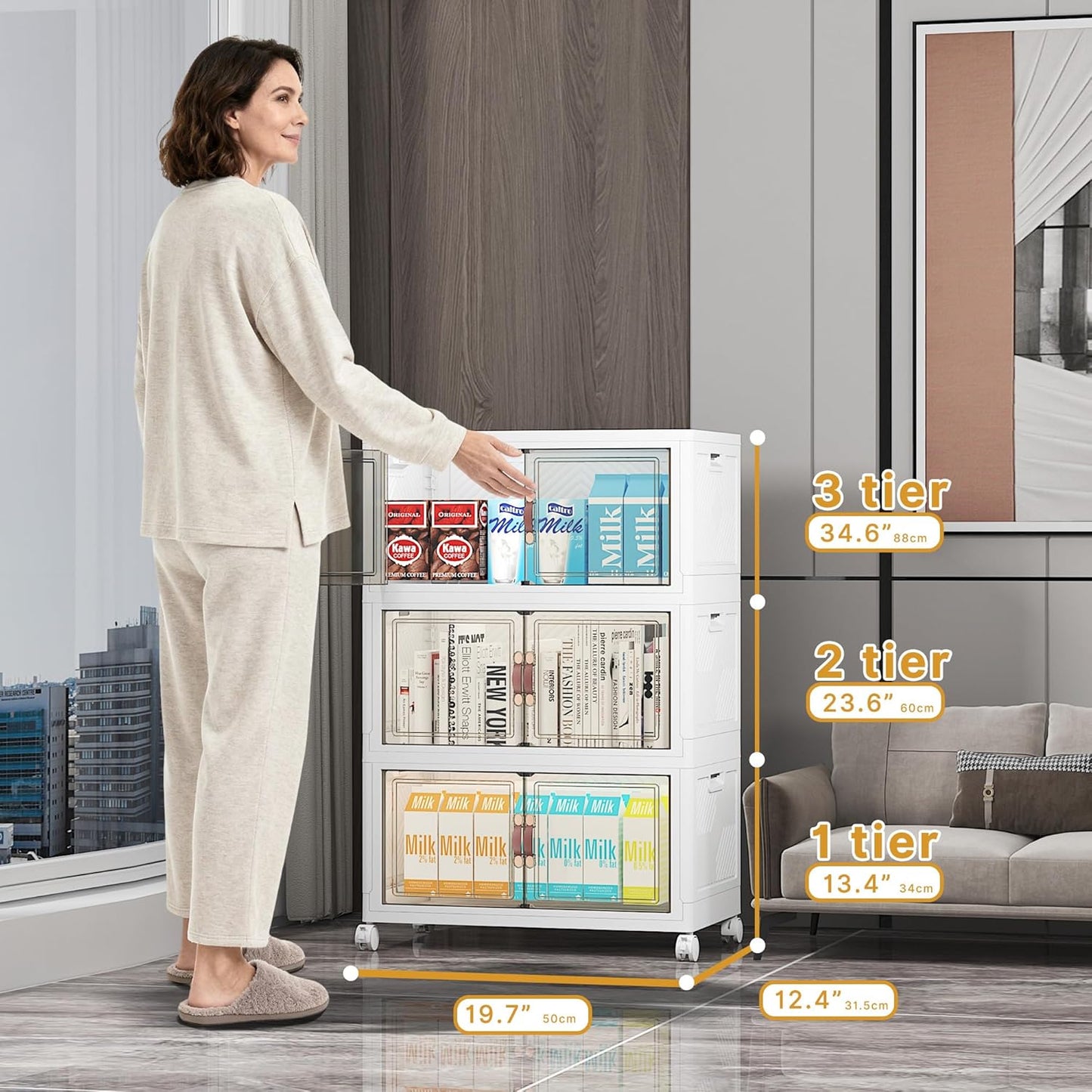UAMFURI 720QT Stackable Storage Bins with Lids, Extra Large Storage Cabinet with Doors and Wheels, Collapsible Plastic Storage Box for Bedroom Dorm Office Garage