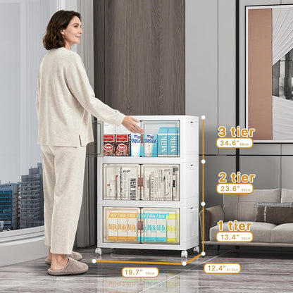 UAMFURI 720QT Stackable Storage Bins with Lids, Extra Large Storage Cabinet with Doors and Wheels, Collapsible Plastic Storage Box for Bedroom Dorm Office Garage