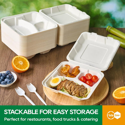 Turbo Bee 100 Pack 8x8inch White 3 Compartment Take Out Containers with Lids, Disposable Clamshell Meal Prep Containers, Divided Lunch Boxes for Catering, Restaurant & Meal Prep