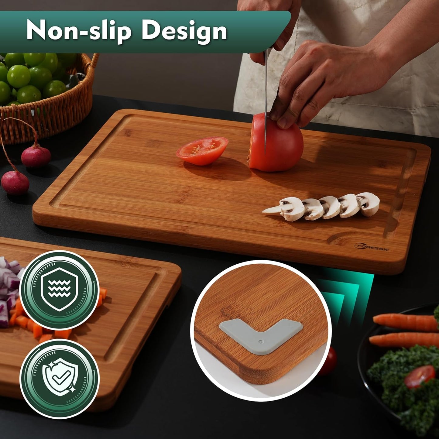 Wood Cutting Board Carbonized Bamboo Set With Smooth Surface Set 4 Packs with Non Slip Feet Holder and Over Sink Solid Thick Durable Wood Charcuterie Cheese Serving Tray Kitchen Gadgets (Carbonized)
