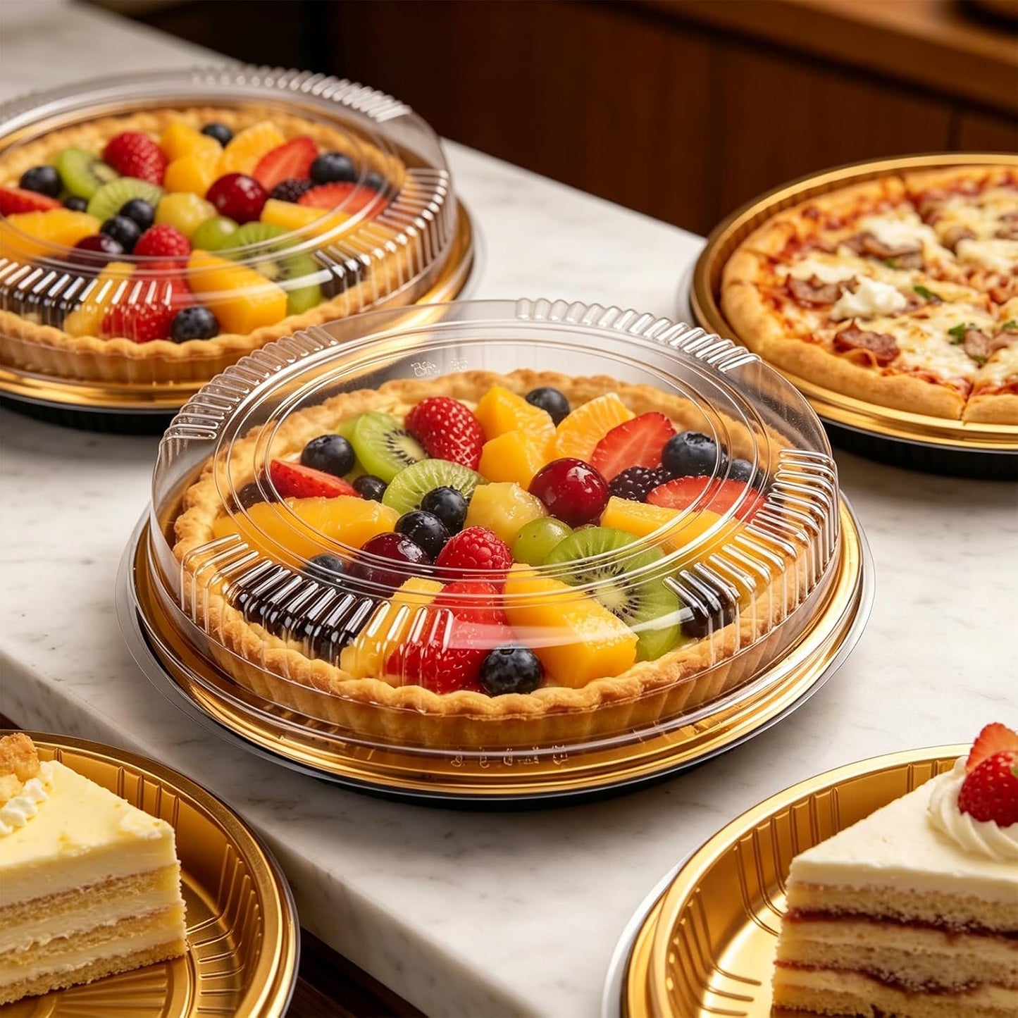 30 Pack 10 Inch Disposable Pie Carrier with Lid, Round Pie Platters Plastic Serving Tray, Catering Trays with Lids for Pies, Pizza, Desserts (Gold Bottom + Clear Lid)