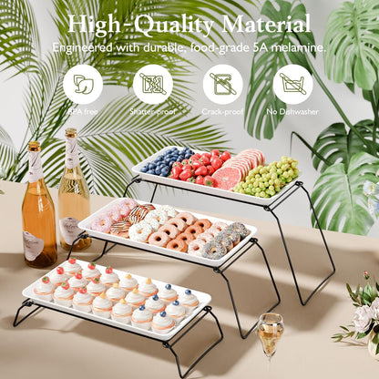 3-Tier Melamine Serving Tray Set, 11.5" x 5.6" Platters for Serving Food, Black Reusable Trays with Black Metal Display Stand for Cupcakes, Sevring Food, Dessert, Fruit, Cookie, Gold