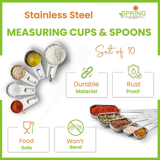 Spring Chef Stainless Steel Measuring Cups and Spoons Set of 14 with Leveler, Nesting Kitchen Metal Measuring Cups and Spoons Set for Dry and Liquid Ingredients, Perfect for Cooking & Baking