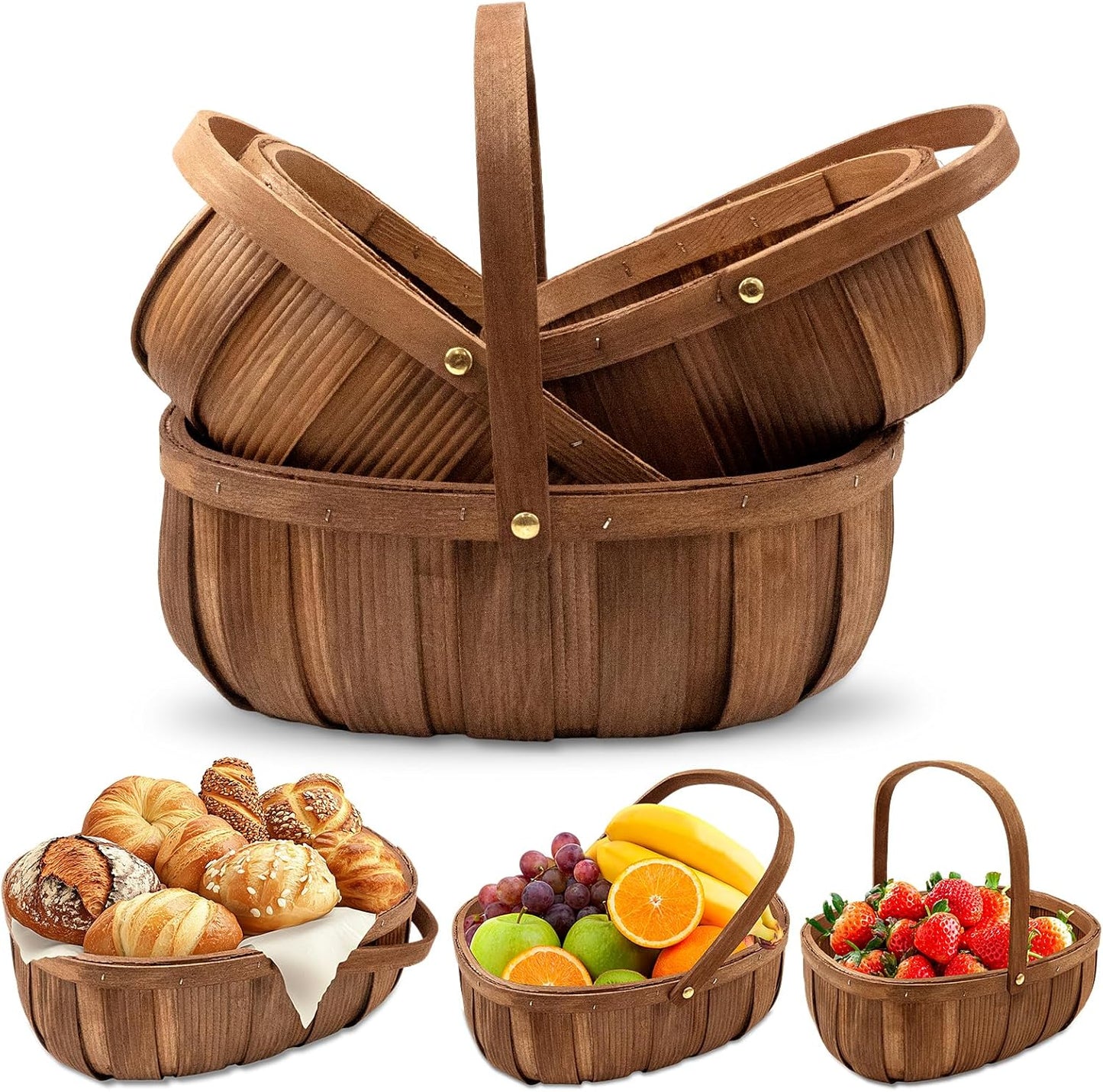 3 Pack Wooden Bread Baskets, Handmade Woven Wood Chip Picnic Basket with Handles, Storage Organizer for Vegetable Fruit Wedding - 3 Size