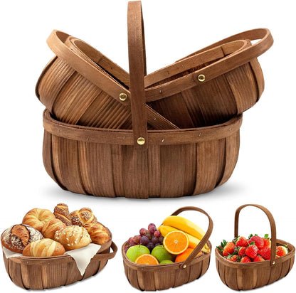 3 Pack Wooden Bread Baskets, Handmade Woven Wood Chip Picnic Basket with Handles, Storage Organizer for Vegetable Fruit Wedding - 3 Size