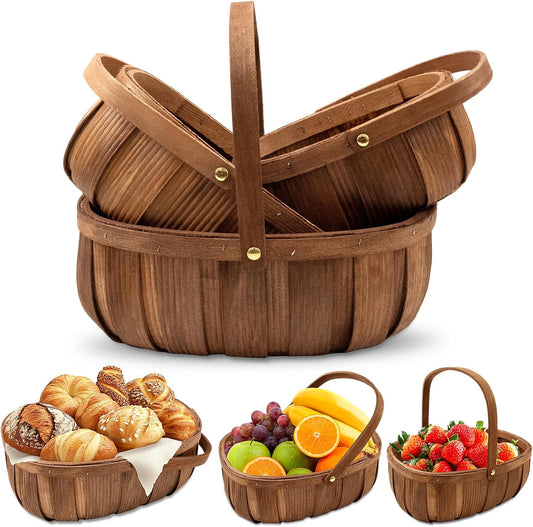 3 Pack Wooden Bread Baskets, Handmade Woven Wood Chip Picnic Basket with Handles, Storage Organizer for Vegetable Fruit Wedding - 3 Size
