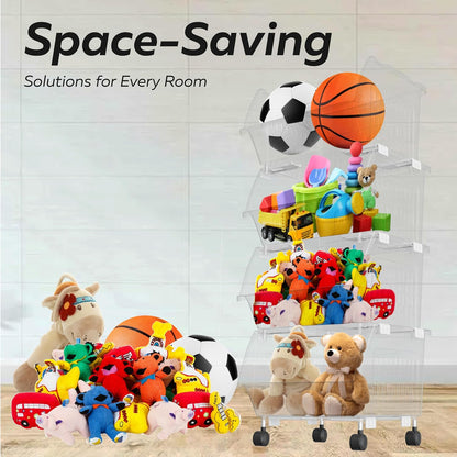 Large Stackable Storage Bins Open Front with Wheels, 4 Pack - Clear | Easy Assembly, Sturdy Plastic, Open Front Access, Smooth Rolling Wheels, Stackable, Large Capacity Storage