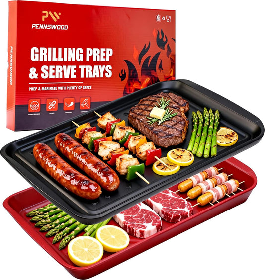 Grill Prep Trays Set of 2, Grill Tray for BBQ Meat Prep, Marinating & Serving, Large Melamine Grilling Prep and Serve Trays with Deep Raised Edges, Outdoor Grill Serving Tray, BPA Free