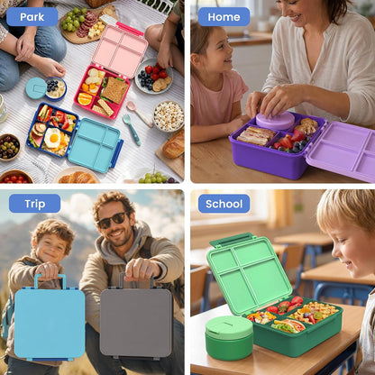 LOHASOK Bento Lunch Box Kids with 8oz Soup Thermo, Leak-Proof Lunch Containers with 4 Compartment, Thermo Hot Food Jar and Insulated Lunch Box for School Blue