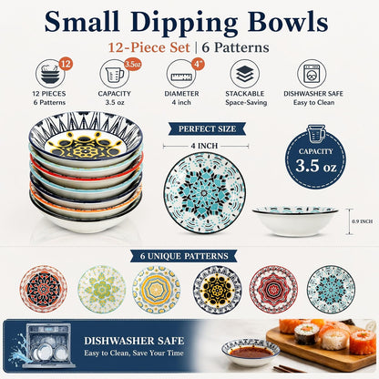 Cedilis 12 Pack Ceramic Soy Sauce Dish, 3.5oz Small Dipping Bowls
