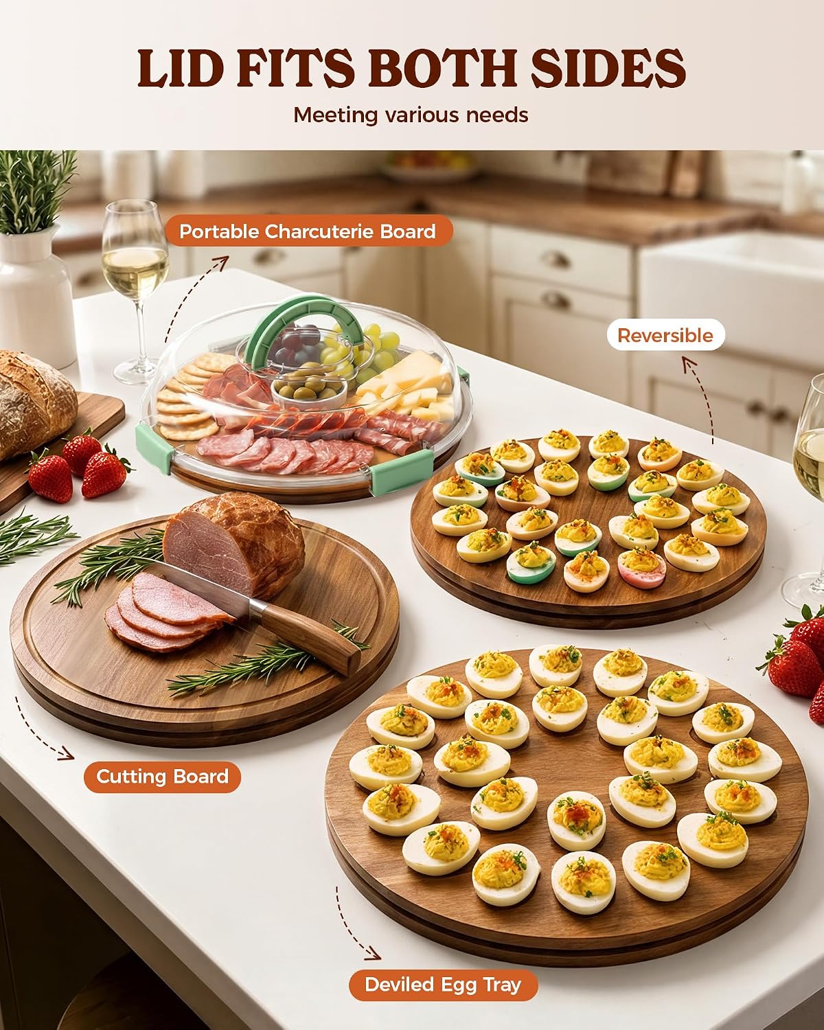 Sevenblue Acacia Wood Deviled Egg Containers with Lid and Handle, Portable Deviled Egg Platter for Easter, Potlucks & Party, Reversible Charcuterie Board Cutting Board