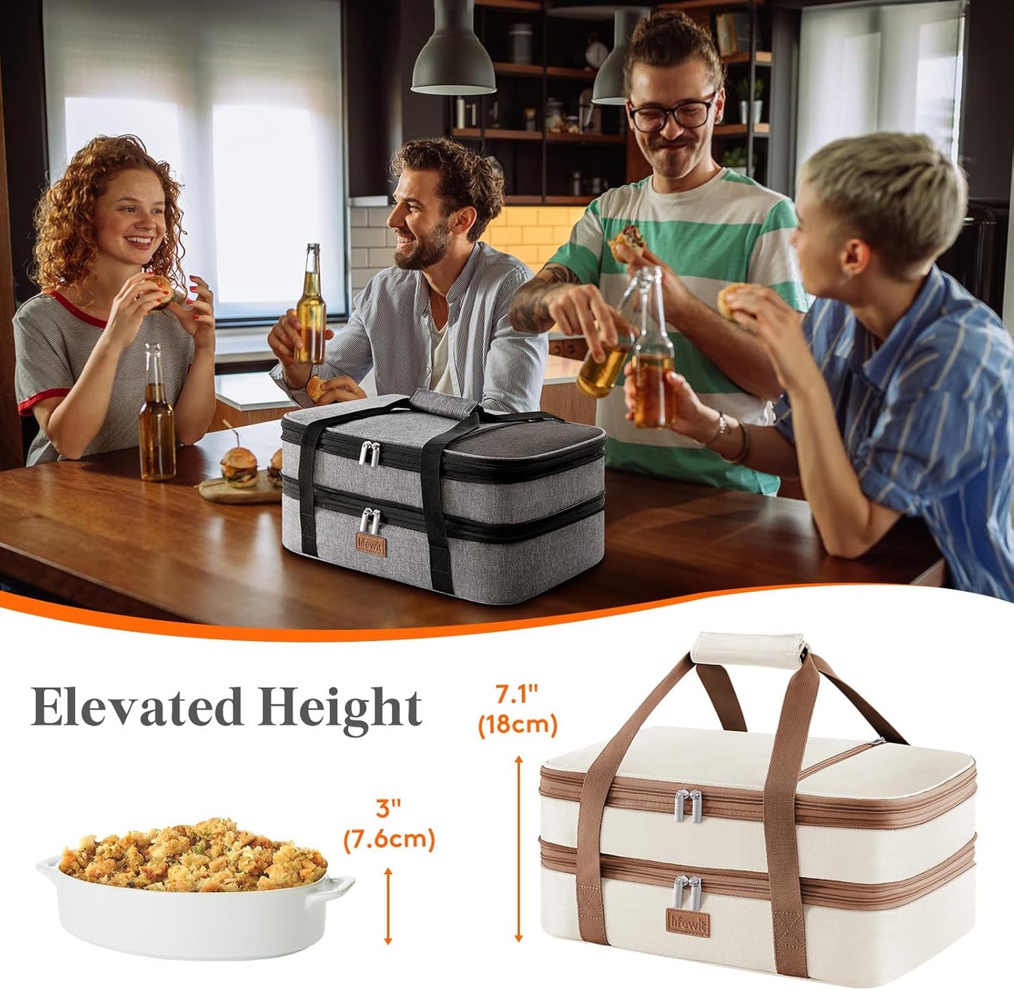 Lifewit Insulated Double Decker Casserole Carrier, Expandable Lasagna Lugger Tote Bag for Hot or Cold Food, Fits 9" x 13" Baking Dish for Potluck Parties, Picnic and Cookouts, Grey-Geometric