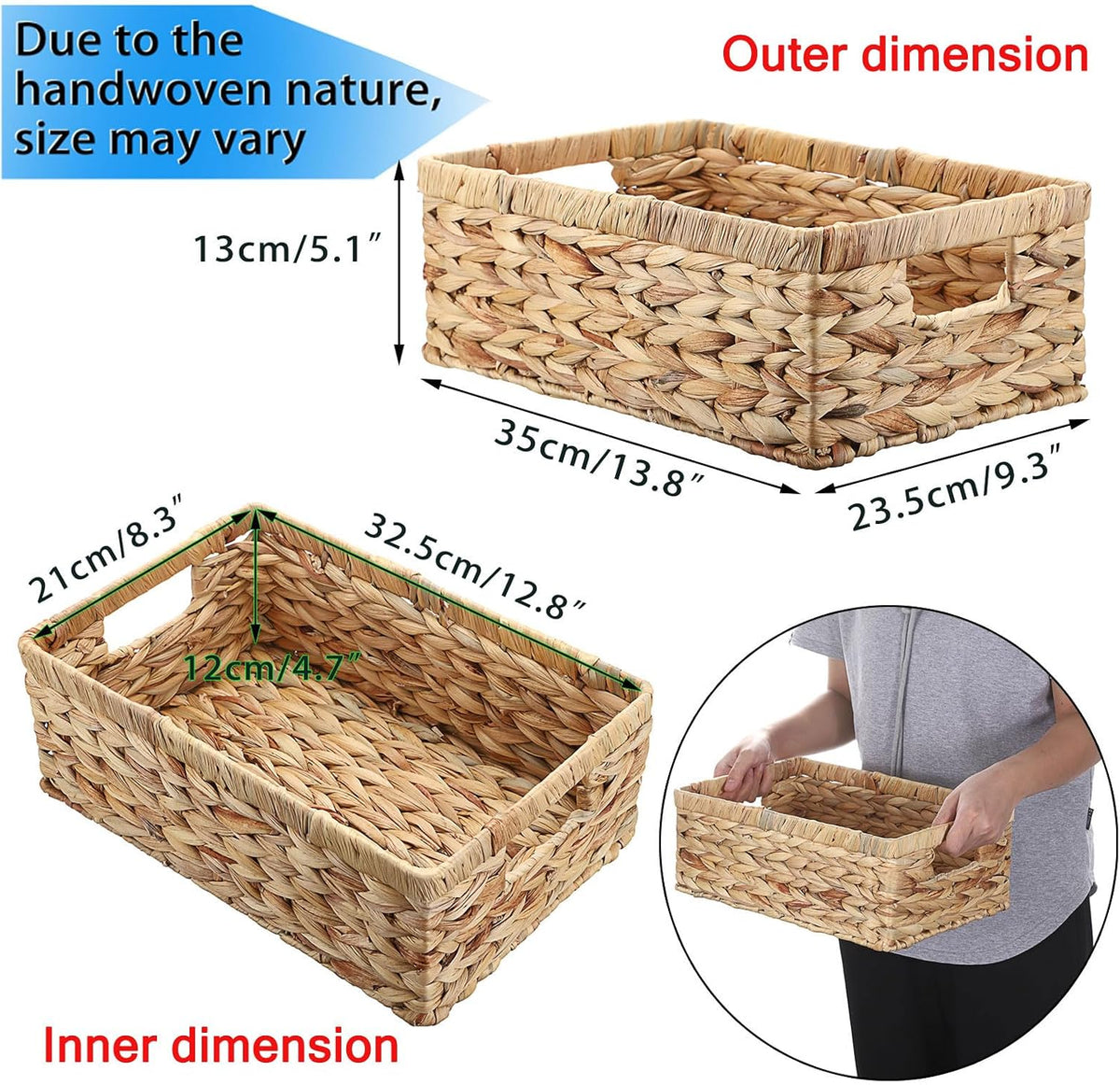 Hipiwe Wicker Basket Water Hyacinth Baskets Rectangular Decorative Baskets Bin for Shelf Organizing, Handwoven Storage Basket Bins with Built-in Handles,15.9"x12"x5.9"