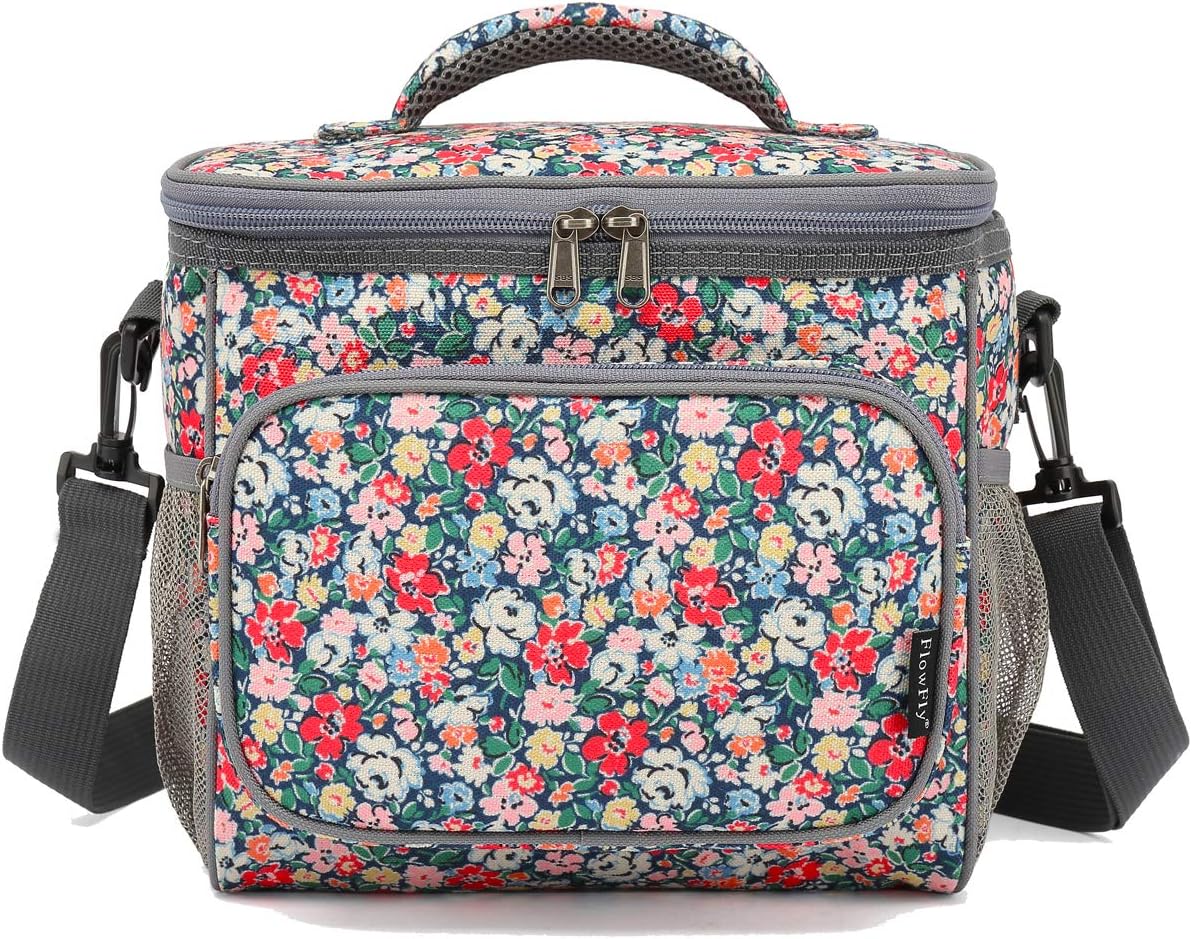 FlowFly Insulated Reusable Lunch Bag Adult Large Lunch Box for Women and Men with Adjustable Shoulder Strap,Front Zipper Pocket and Dual Large Mesh Side Pockets,Cherry - Colors A