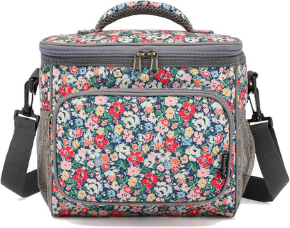 FlowFly Insulated Reusable Lunch Bag Adult Large Lunch Box for Women and Men with Adjustable Shoulder Strap,Front Zipper Pocket and Dual Large Mesh Side Pockets,Cherry - Colors A