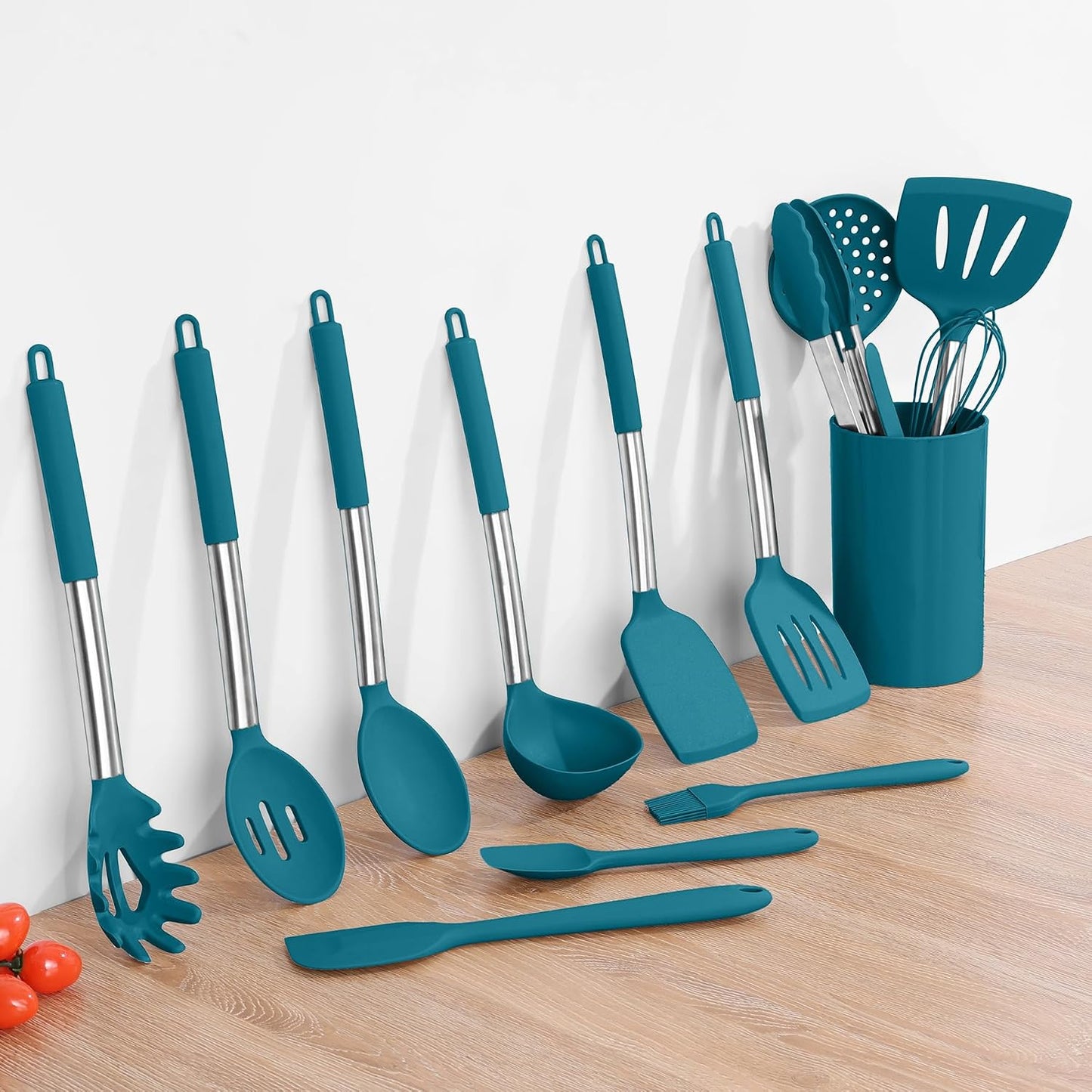 Onader Kitchen Utensils Set, 15 Pcs Silicone Cooking Utensils Set with Holder and Heat Resistant Stainless Steel Handle for Nonstick Cookware - Black