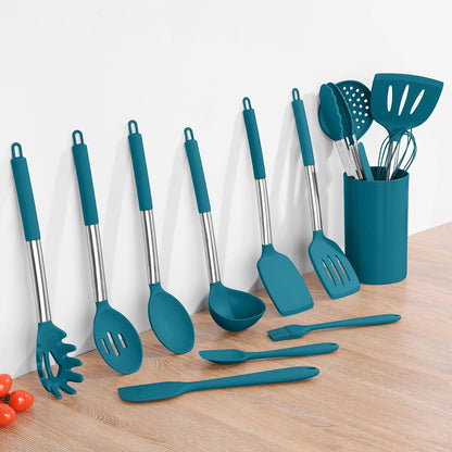 Onader Kitchen Utensils Set, 15 Pcs Silicone Cooking Utensils Set with Holder and Heat Resistant Stainless Steel Handle for Nonstick Cookware - Black