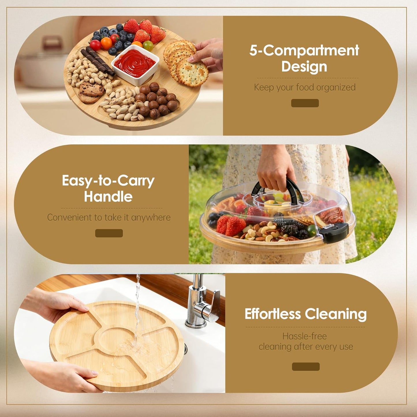Kochorie 10 Pieces Portable Bamboo Cheese Board Set Charcuterie Board with Lid and Handle, Knife Set Meat Fruit Serving Tray Platter for Travel Picnic Kitchen House Warming Gifts (Rectangular)