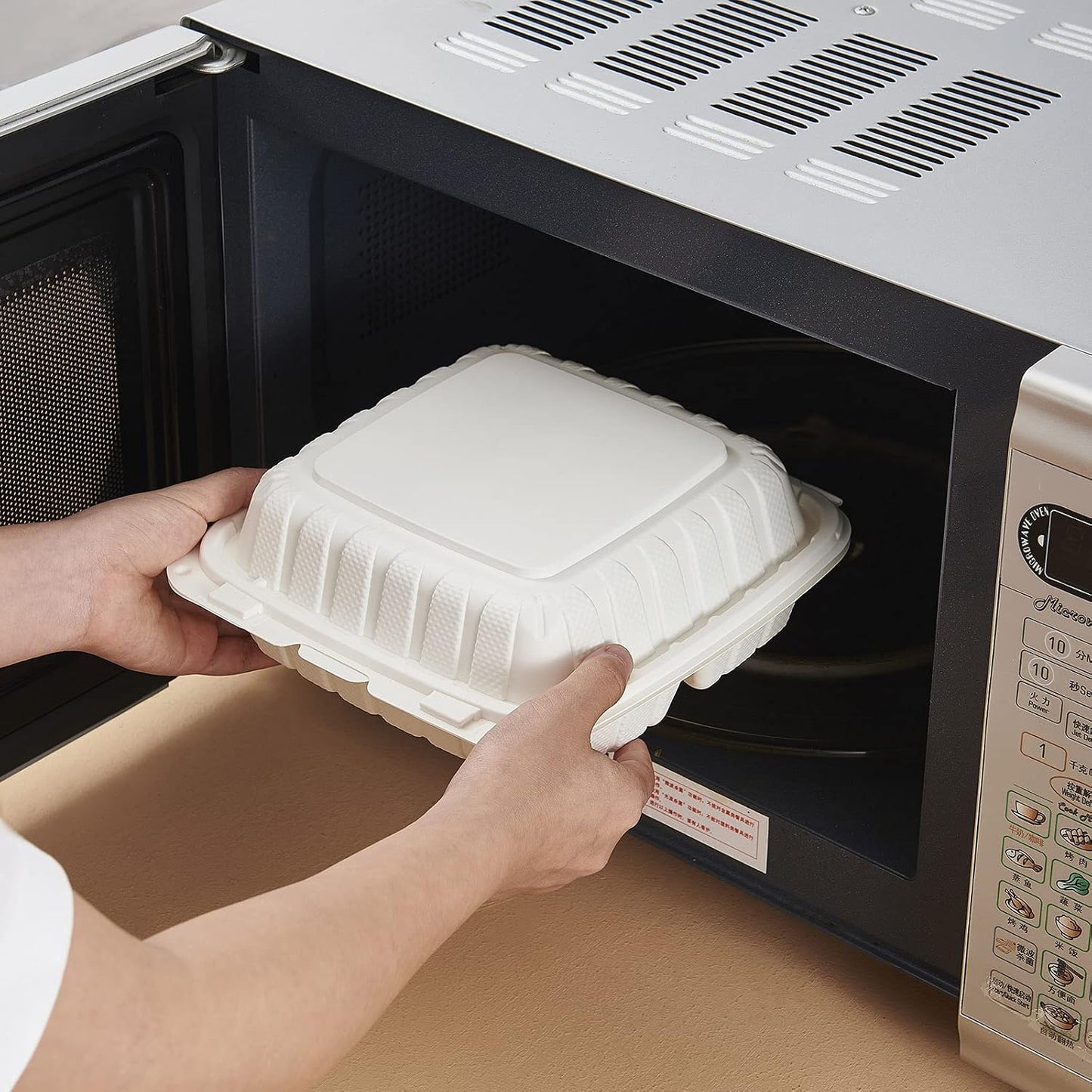 FULING [8x8-Inch, 50 Pieces, 3-Compartment Disposable To Go Box Containers, Plastic Clamshell Takeout Food Trays, Microwave Safe, Cut Resistantstable Hinged Lid, Hybrid Polypropylene, White