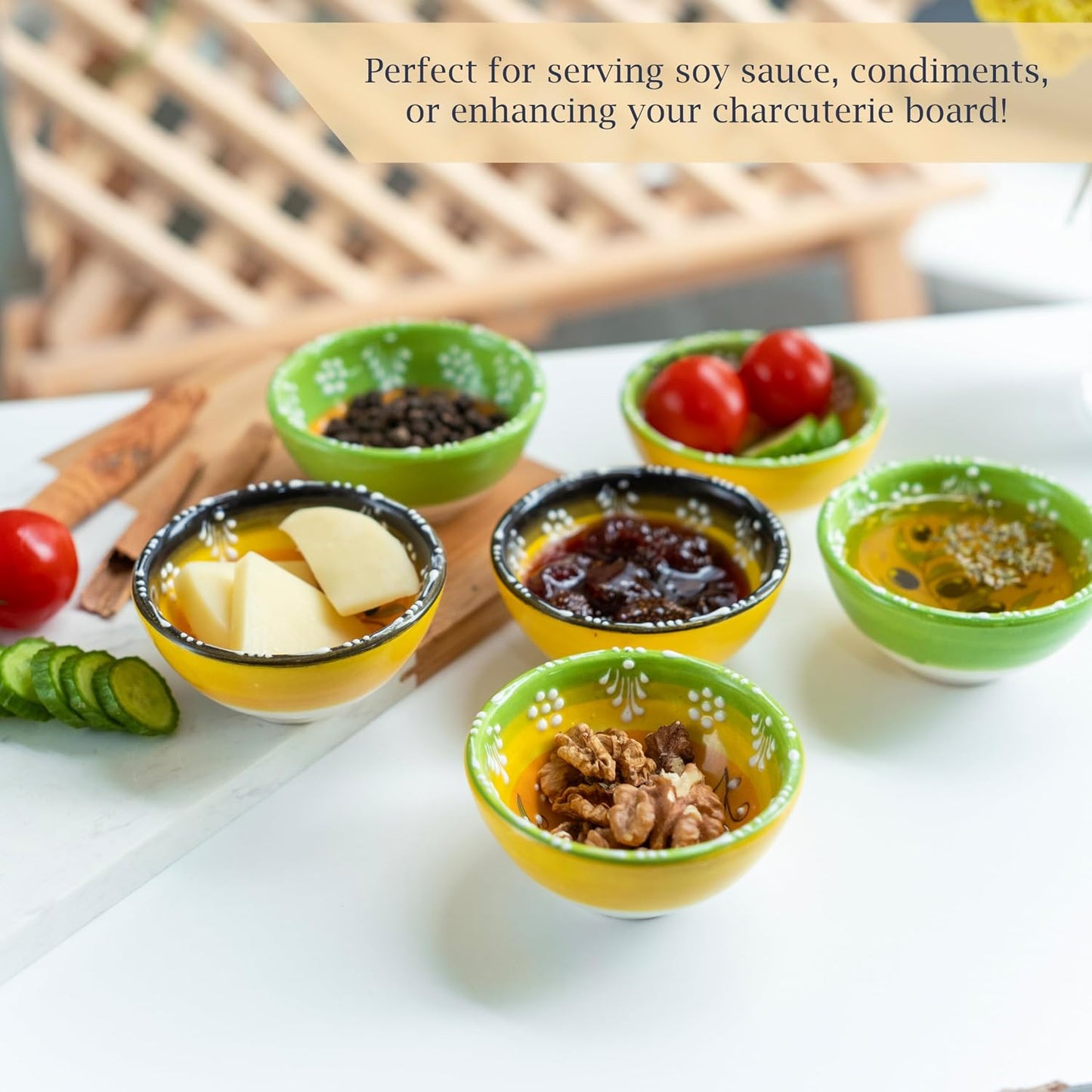 Ceramic Small Dipping Bowls Set of 6, 3.5 Oz Soy Sauce Dish, Handmade Charcuterie, Colorful Pinch, Dishwasher & Microwave Safe, 3.2'' Mini (SULTAN'S GARDEN)