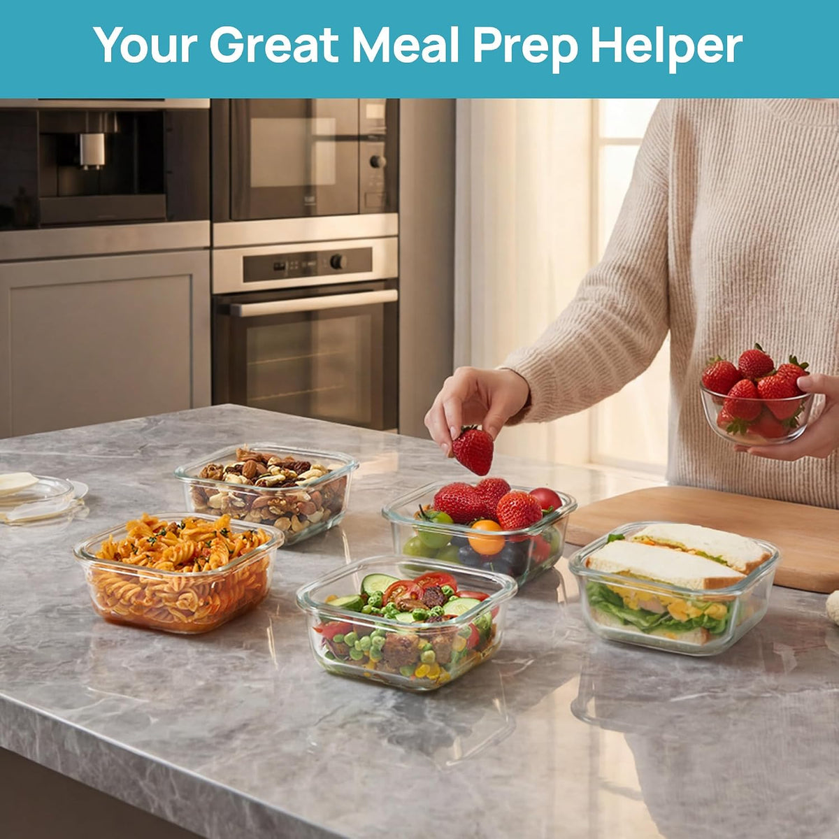 Vtopmart 10 Pack 35oz Glass Food Storage Containers with Lids, Meal Prep Containers, Airtight Reusable Lunch Container Set, Safe for Oven, Microwave, Freezer, and Dishwasher, Grey