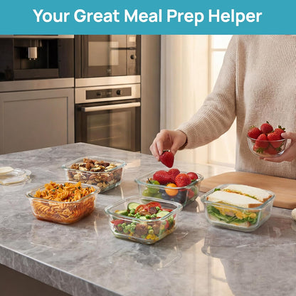 Vtopmart 10 Pack 35oz Glass Food Storage Containers with Lids, Meal Prep Containers, Airtight Reusable Lunch Container Set, Safe for Oven, Microwave, Freezer, and Dishwasher, Grey