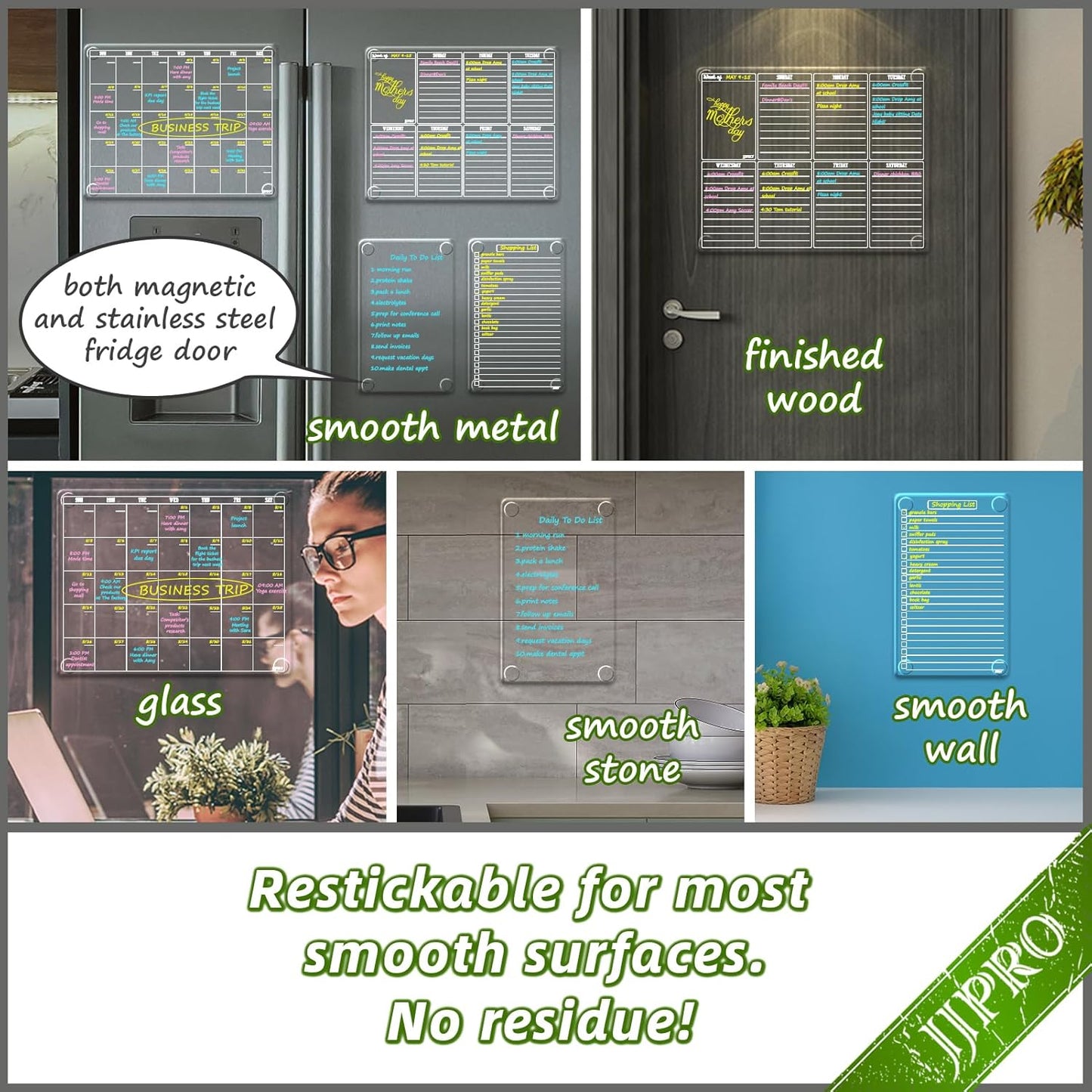 JJPRO Non-Magnetic Clear Weekly Planner & to Do List for Fridge, 8.5"x13" Dry Erase to Do List WhiteBoard,Reuasble Weekly Calendar for Refrigerator,Cabinet,Wall&Glass, All Smooth Surfaces