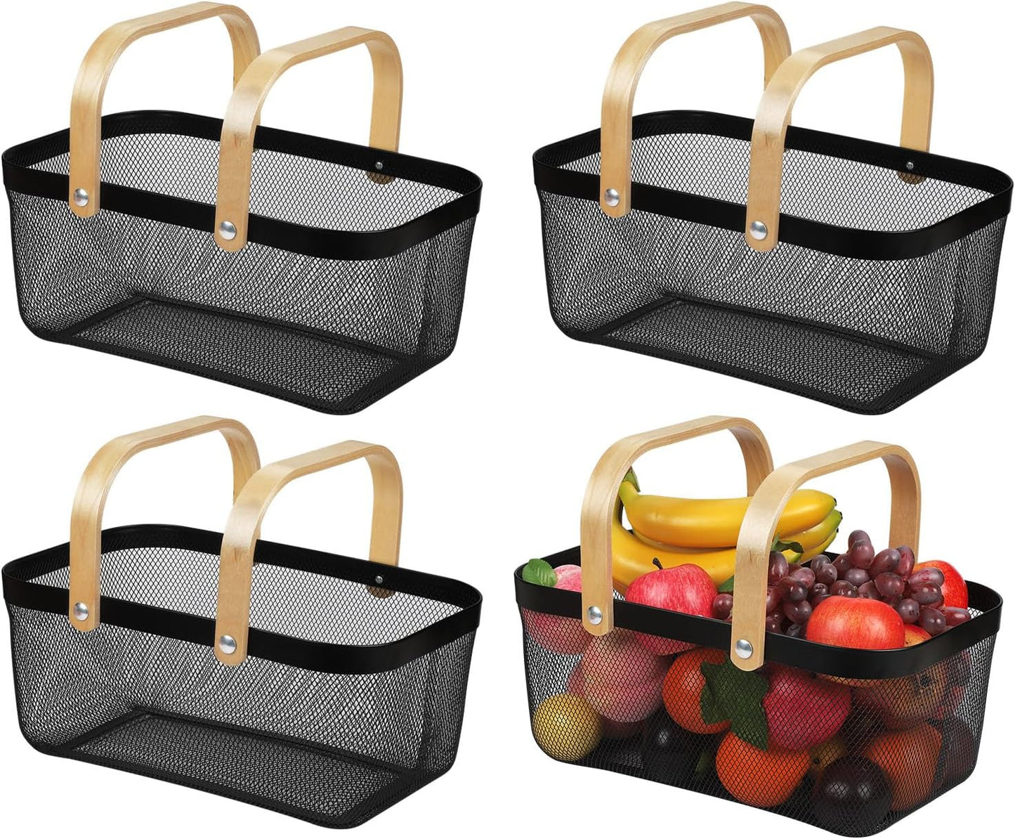 IBWell Square Metal Wire Woven Fruit Storage Bowl Basket with Wooden Handle, Large Black Mesh Fruit Stand, Multi-function Hanging Kitchen Baskets (White, Normal)