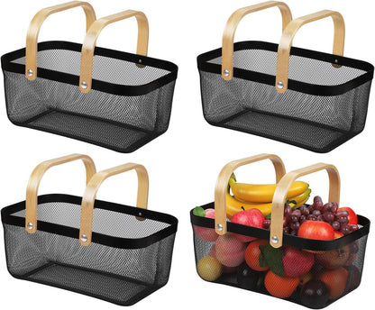 IBWell Square Metal Wire Woven Fruit Storage Bowl Basket with Wooden Handle, Large Black Mesh Fruit Stand, Multi-function Hanging Kitchen Baskets (White, Normal)