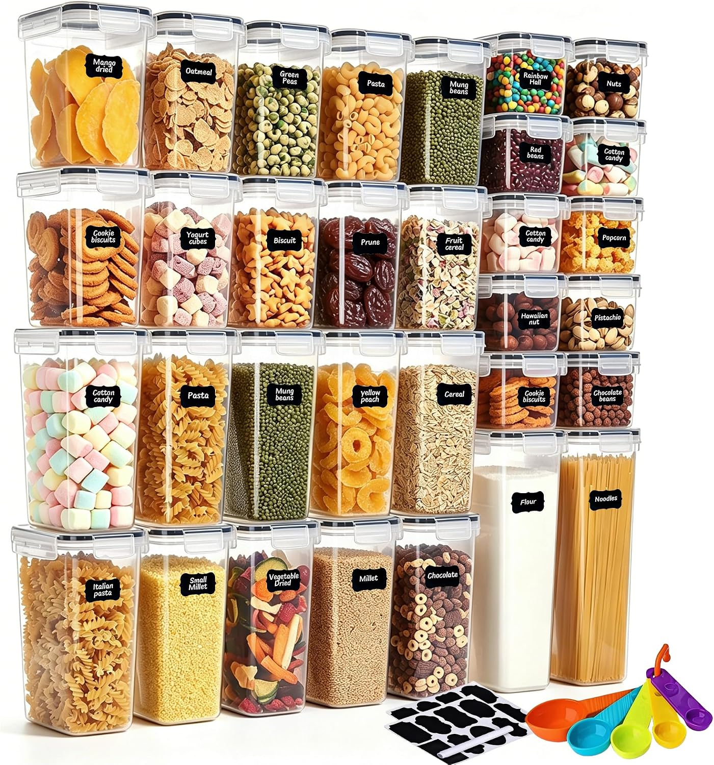 42pcs Airtight Containers, Clear Stackable Dry Food Storage | 42pk clear airtight containers with tight lids keep dry food fresh. Safe plastic, stackable for pantry kitchen storage