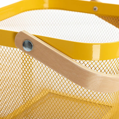 AJIODA Metal Mesh Steel Basket, Storage Organizer Basket Multi-functional Hanging Kitchen Baskets Fruit Basket Bin with Bamboo Handle for Kitchen Bathroom Picnic Shopping Decor Cabinet Home, Blue