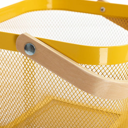 AJIODA Metal Mesh Steel Basket, Storage Organizer Basket Multi-functional Hanging Kitchen Baskets Fruit Basket Bin with Bamboo Handle for Kitchen Bathroom Picnic Shopping Decor Cabinet Home, Blue