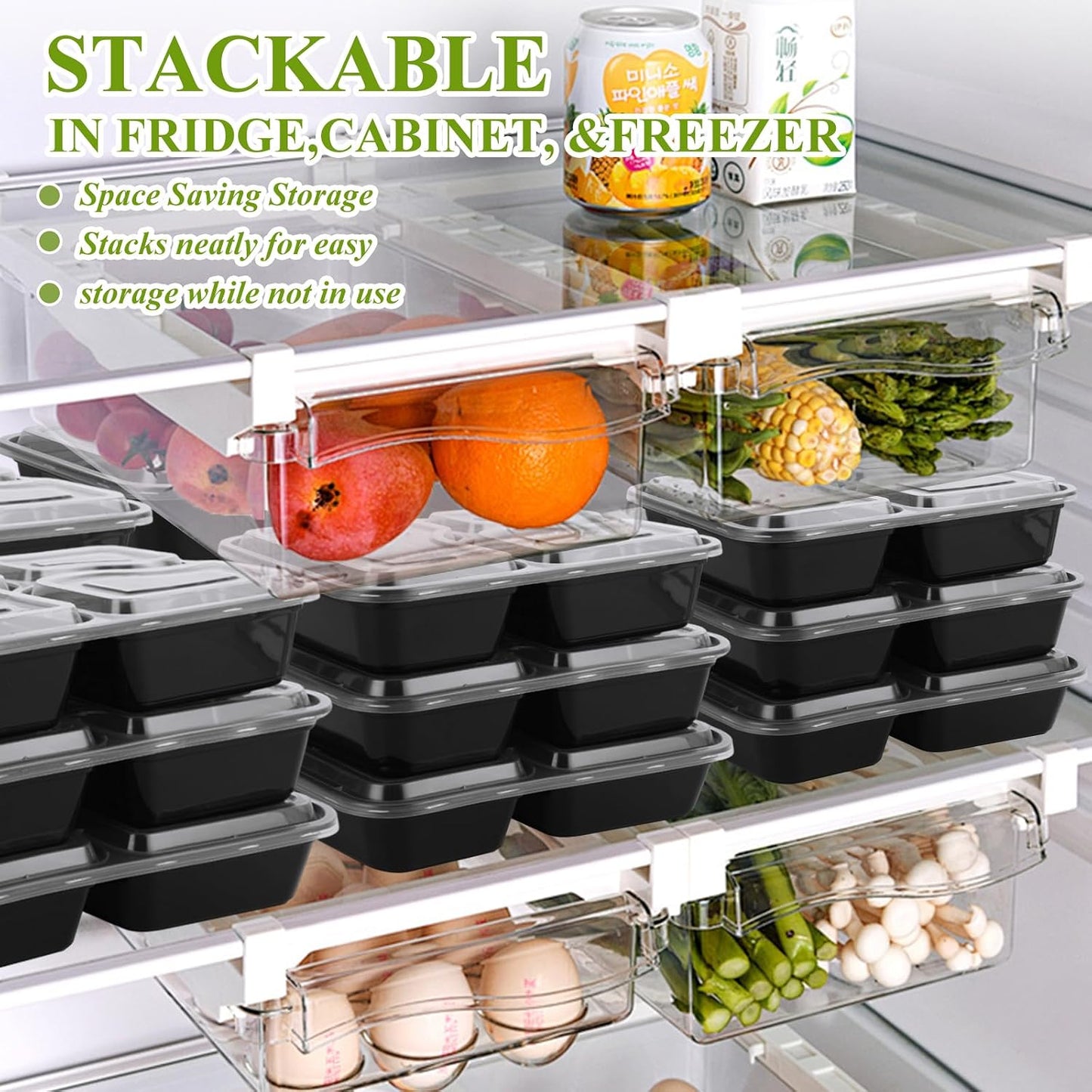 YOUNTHYE 50PCS Disposable Meal Prep Containers 3 Compartment Food Prep Containers with Lids 30oz Plastic Bento Box Lunch Containers Stackable Meal Prep Containers Bulk for Microwave, Freezer Safe