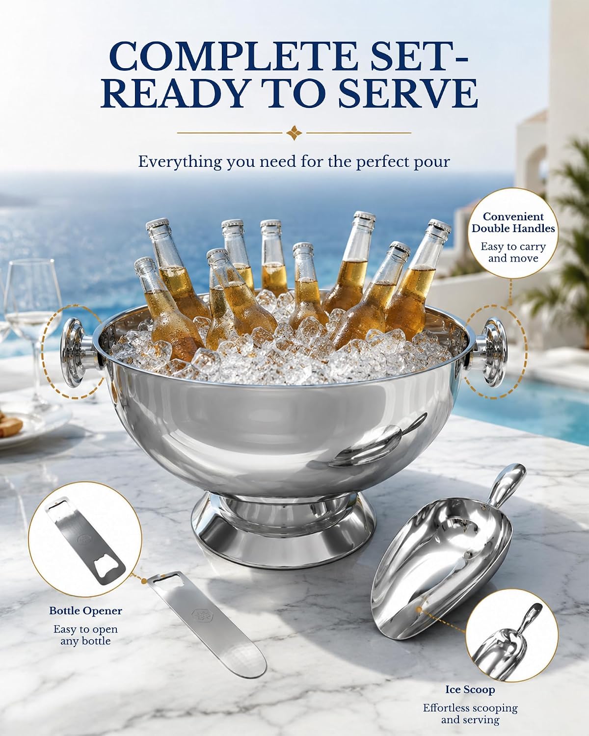 Extra Large Stainless Steel Ice Bucket for Parties, Heavy Duty Beverage Tub with Handles, Leakproof Welded Base, Polished Finish Beer & Wine Cooler, Includes Ice Scoop & Bottle Opener