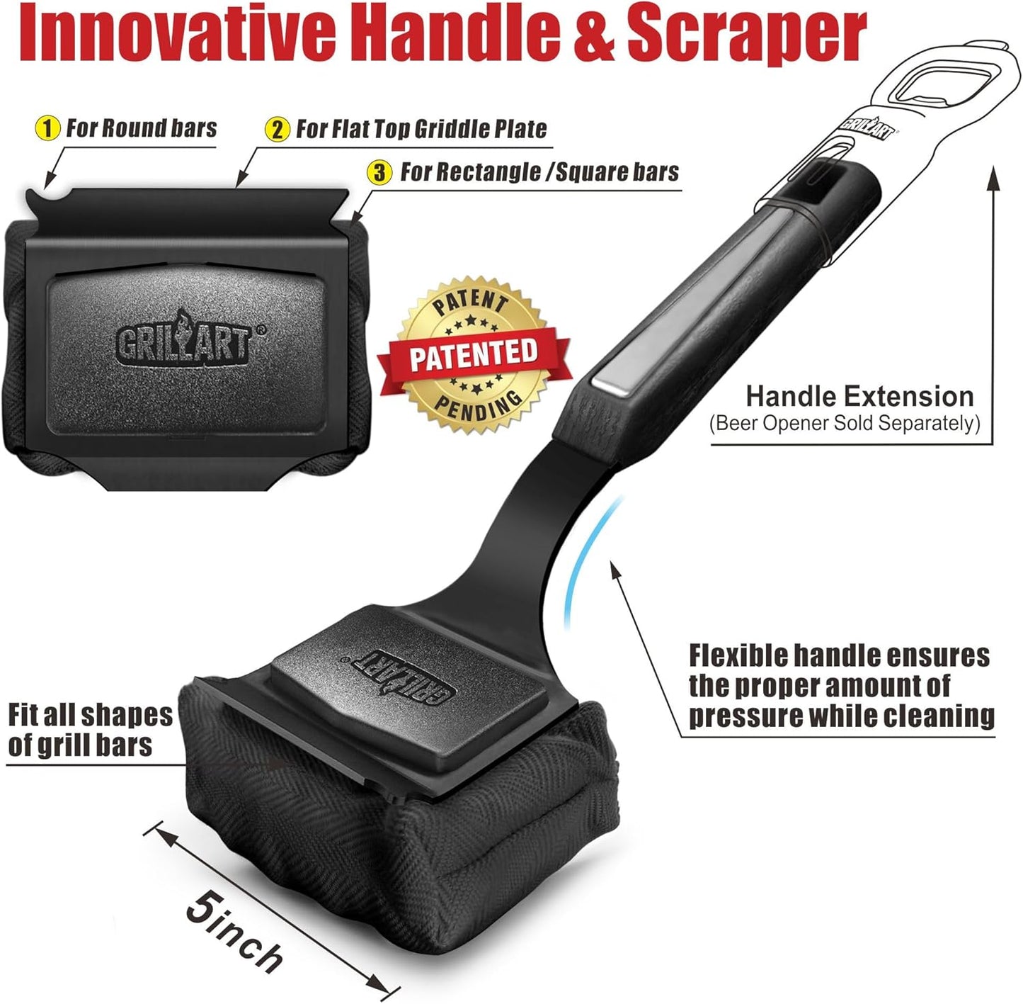 GRILLART Grill Brush Bristle Free. SteamWizards BBQ Replaceable Cleaning Head, Seamless-Fit Scraper Tools for Cast Iron/Stainless-Steel Grates Griddle, Safe Barbecue Grill Cleaner Brush-Dark Black