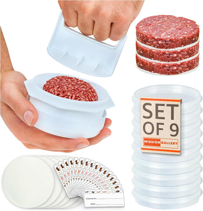 Hamburger Press Patty Maker - 4 in1, Burger Mold, Patty Press, 7 Storage Containers, 100 Round Papers - Hamburger Patty Maker Tool for BBQ - Burger Shaper for Meat, Veggie Patties