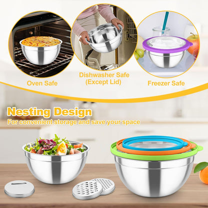 TeamFar Mixing Bowls, Stainless Steel Salad Serving Bowl with Clear Lids & 3 Graters, For Kitchen Cooking Prepping Storing, Size 4.6/2.6/1.5/1/0.7 QT, Nesting & Airtight, Set of 5 & Khaki