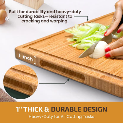 Bamboo Cutting Board Set for Kitchen - 3 Piece Reversible Wooden Cutting Boards, Wood Chopping Boards for Meat, Bread, Fruit, Cheese, Meal Prep, Wood Board and Charcuterie Serving Boards by Bambusi
